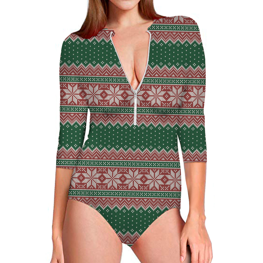 Christmas Knitted Pattern Print Long Sleeve One Piece Swimsuit