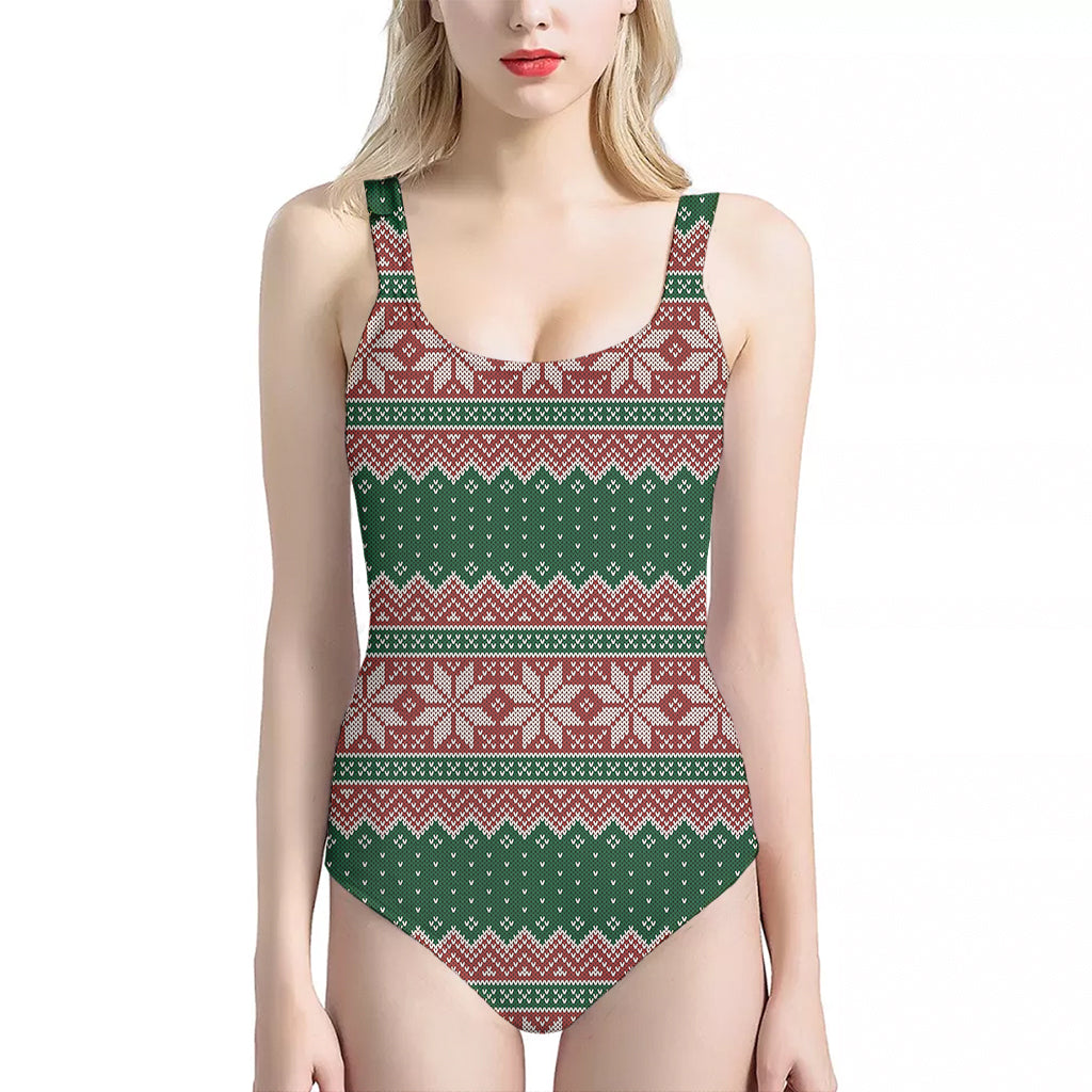 Christmas Knitted Pattern Print One Piece Halter Neck Swimsuit