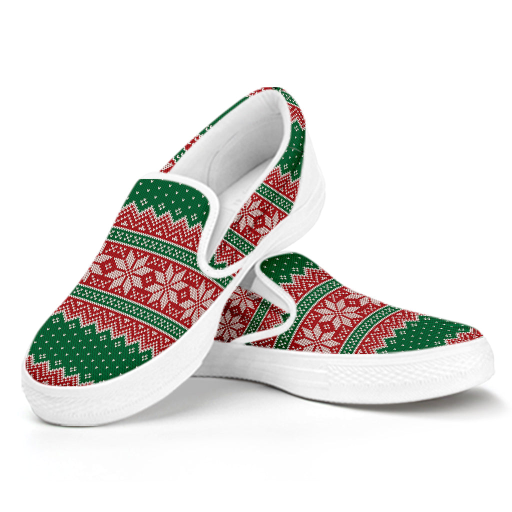 Christmas Knitted Pattern Print White Slip On Shoes