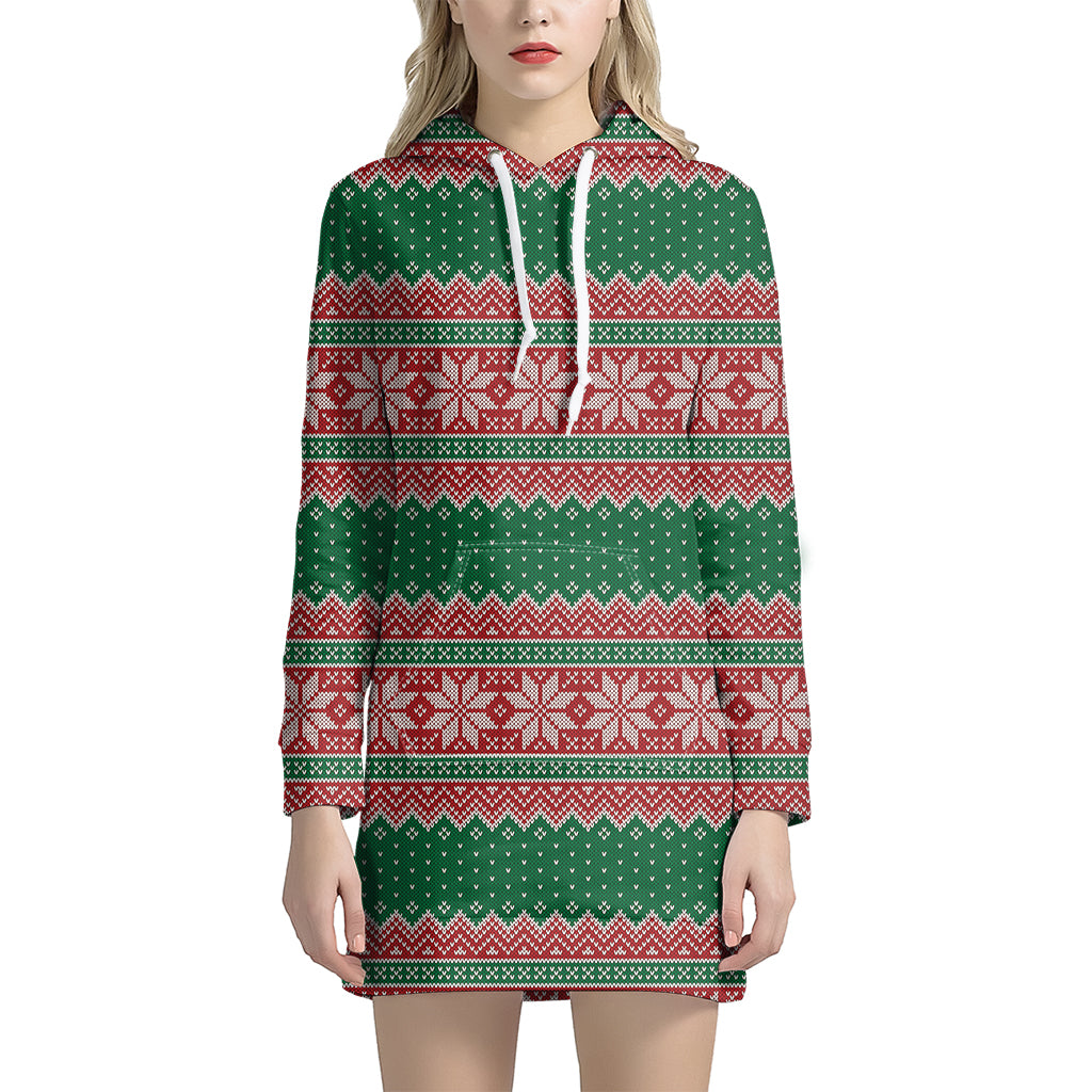 Christmas Knitted Pattern Print Women's Pullover Hoodie Dress