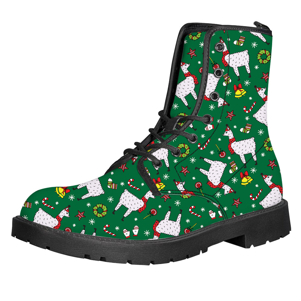 Christmas Llama Pattern Print Leather Boots