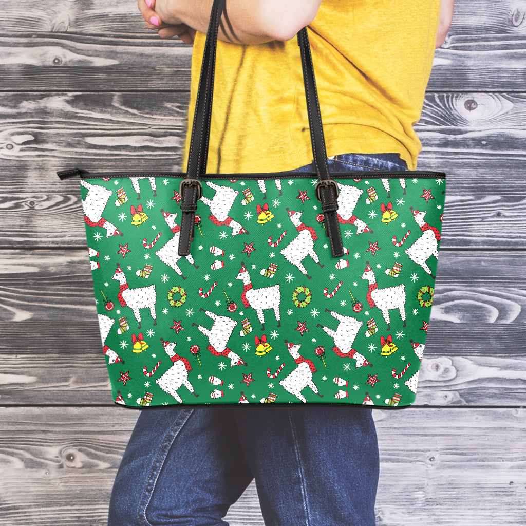 Christmas Llama Pattern Print Leather Tote Bag