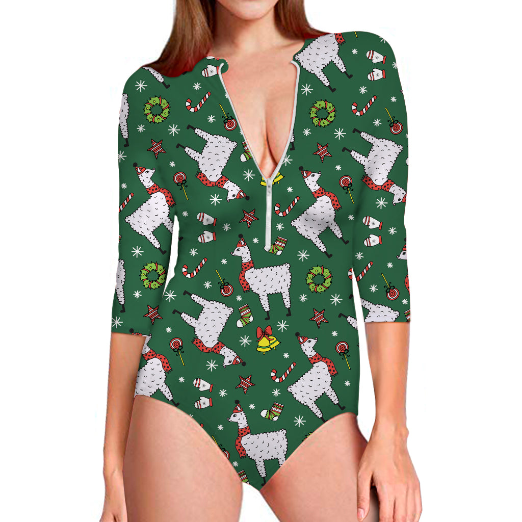 Christmas Llama Pattern Print Long Sleeve One Piece Swimsuit