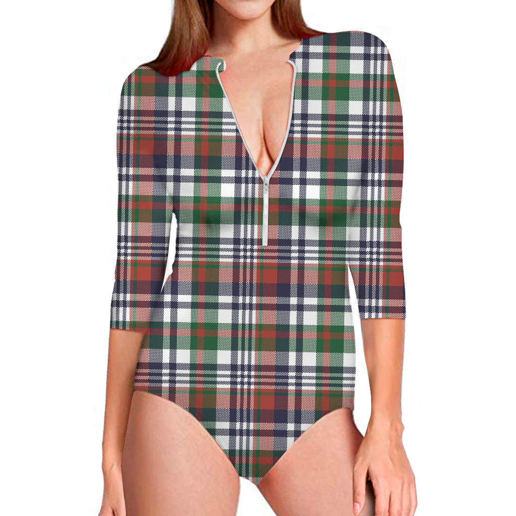 Christmas Madras Plaid Print Long Sleeve One Piece Swimsuit