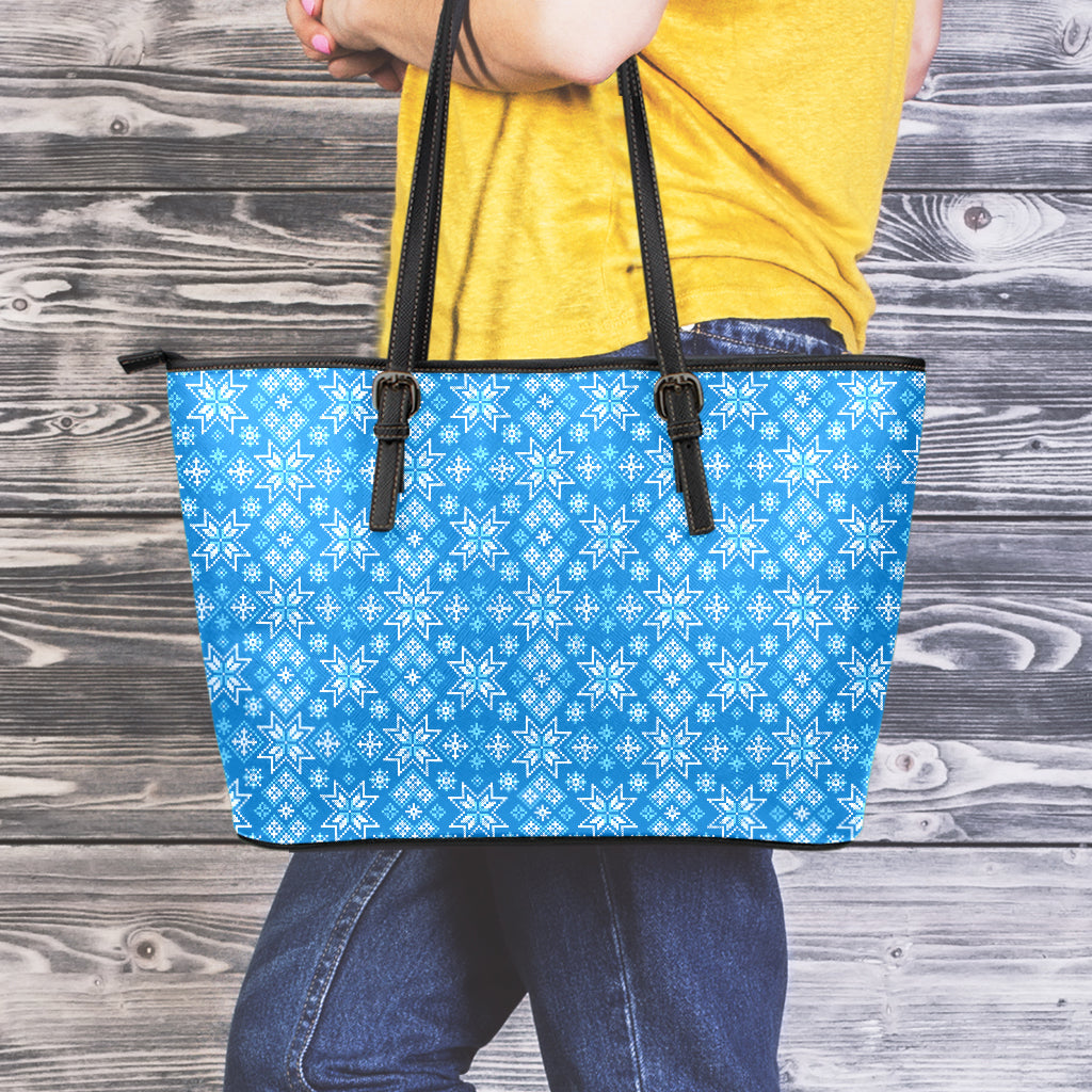 Christmas Nordic Knitted Pattern Print Leather Tote Bag