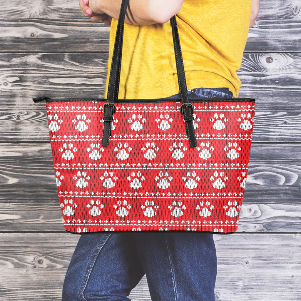 Christmas Paw Knitted Pattern Print Leather Tote Bag