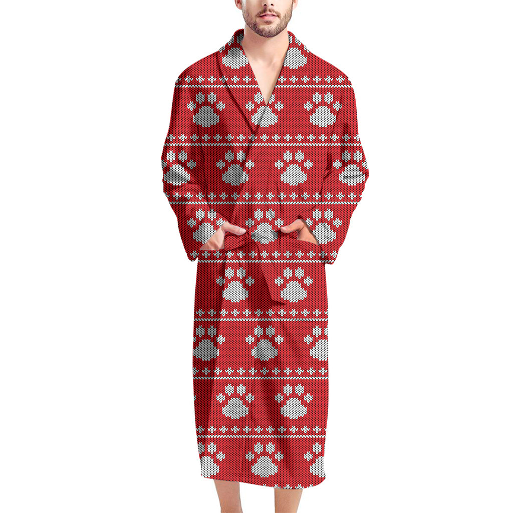 Christmas Paw Knitted Pattern Print Men's Bathrobe