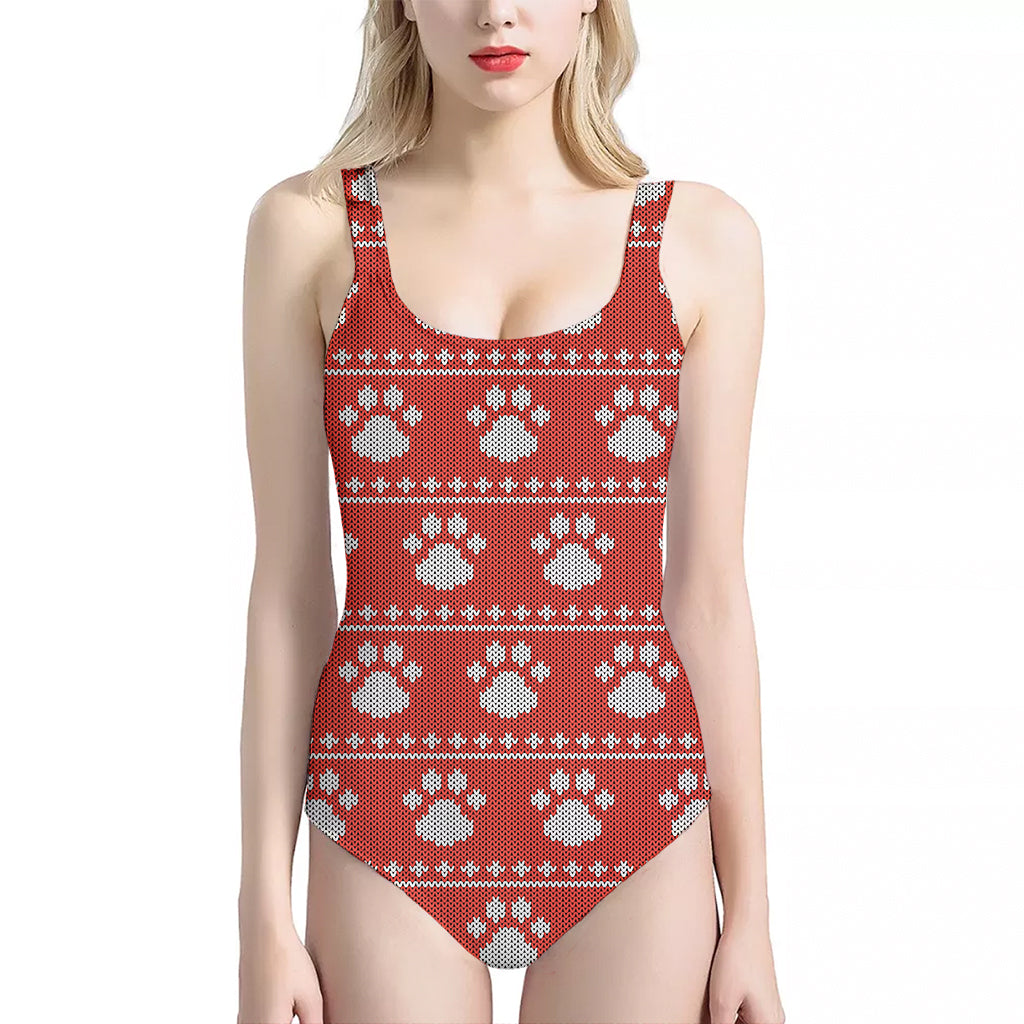 Christmas Paw Knitted Pattern Print One Piece Halter Neck Swimsuit