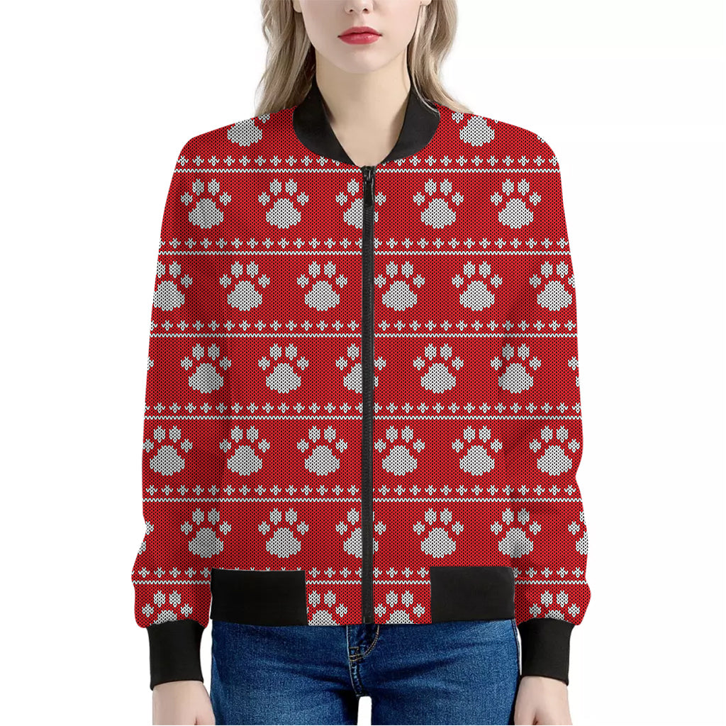 Christmas Paw Knitted Pattern Print Women's Bomber Jacket