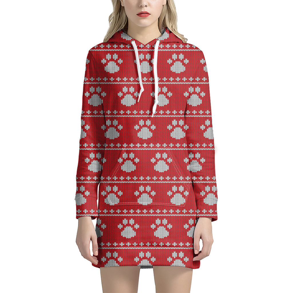 Christmas Paw Knitted Pattern Print Women's Pullover Hoodie Dress