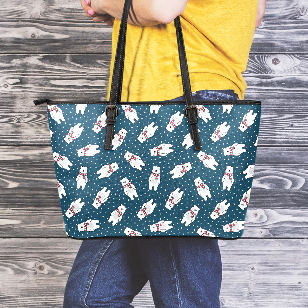 Christmas Polar Bear Pattern Print Leather Tote Bag