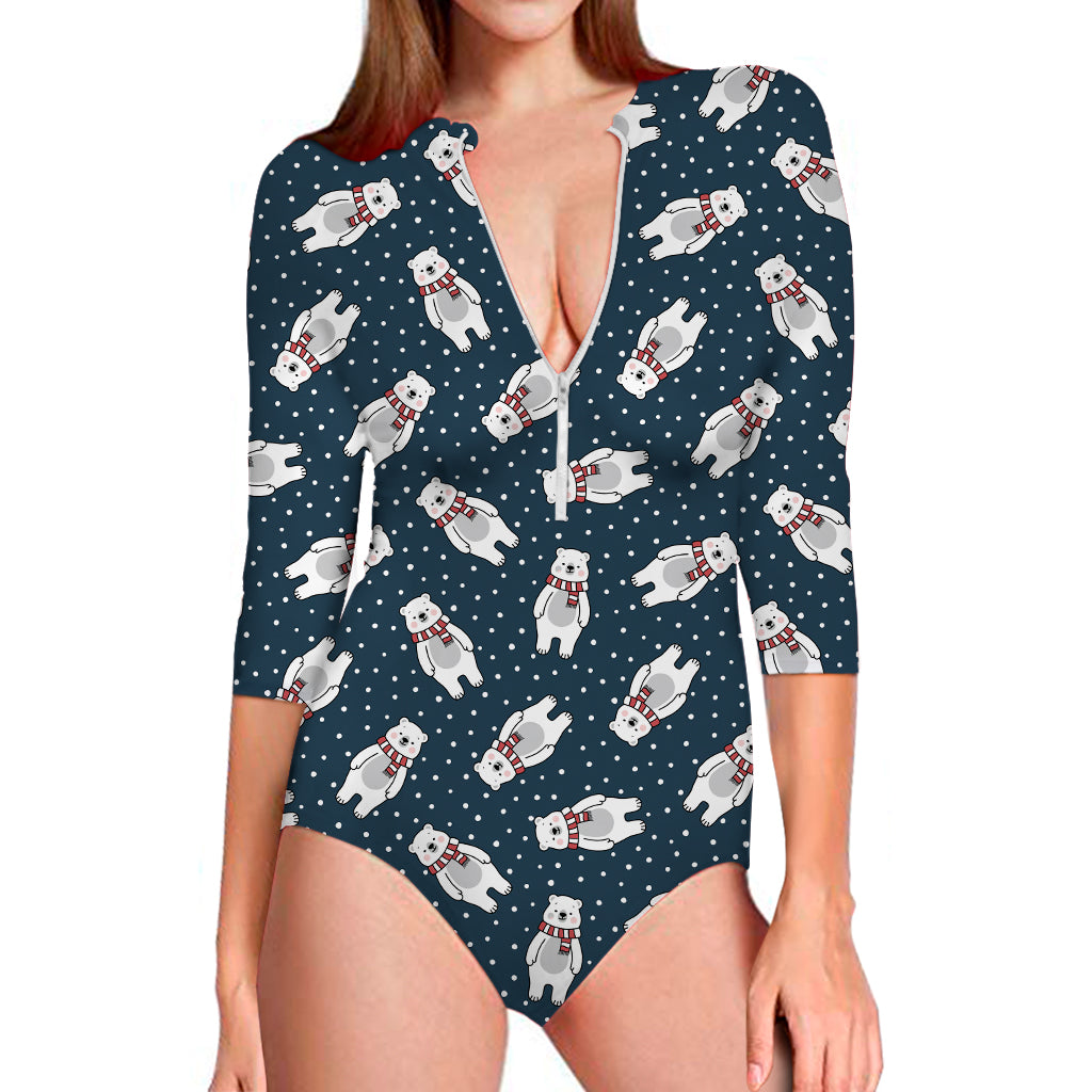 Christmas Polar Bear Pattern Print Long Sleeve One Piece Swimsuit