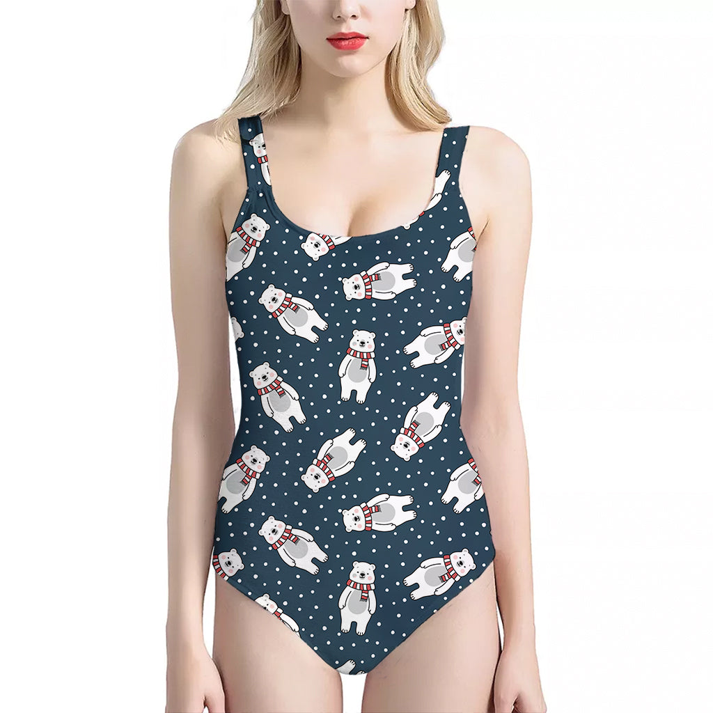 Christmas Polar Bear Pattern Print One Piece Halter Neck Swimsuit