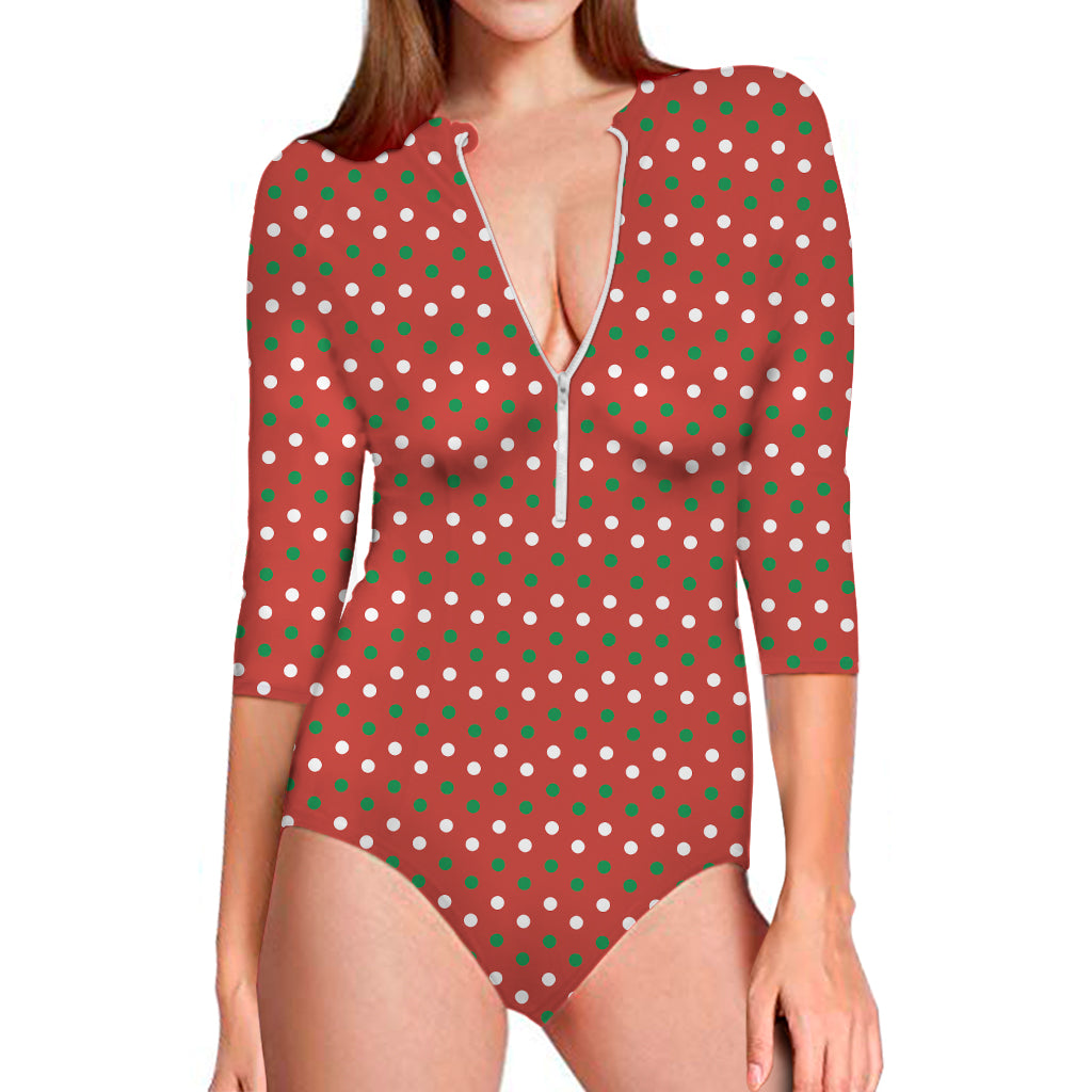 Christmas Polka Dot Pattern Print Long Sleeve One Piece Swimsuit