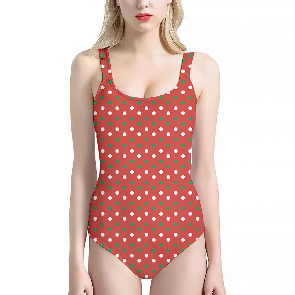 Christmas Polka Dot Pattern Print One Piece Halter Neck Swimsuit