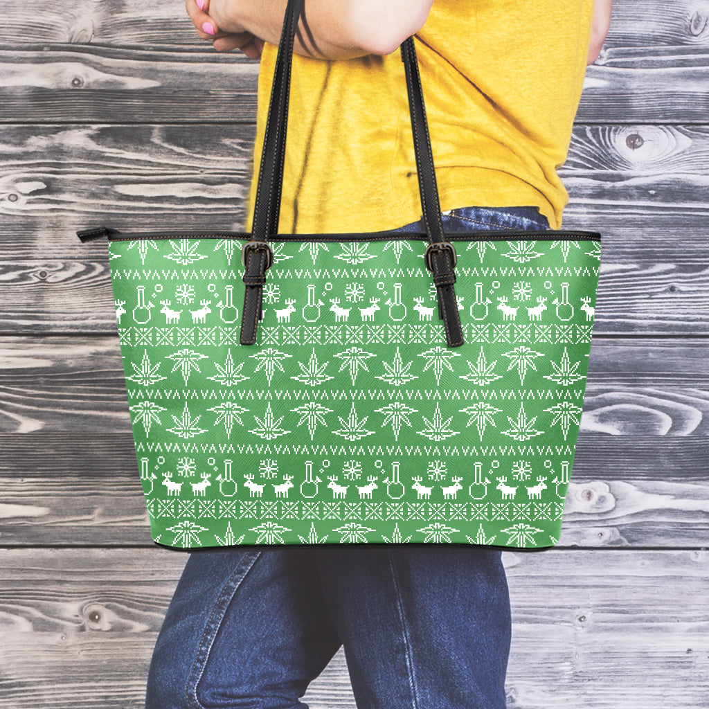 Christmas Pot Leaf Pattern Print Leather Tote Bag