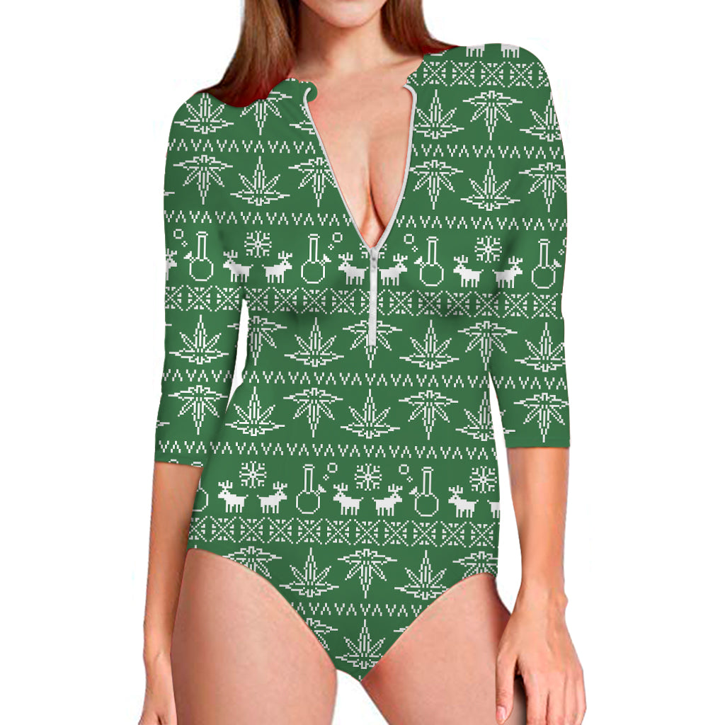 Christmas Pot Leaf Pattern Print Long Sleeve One Piece Swimsuit