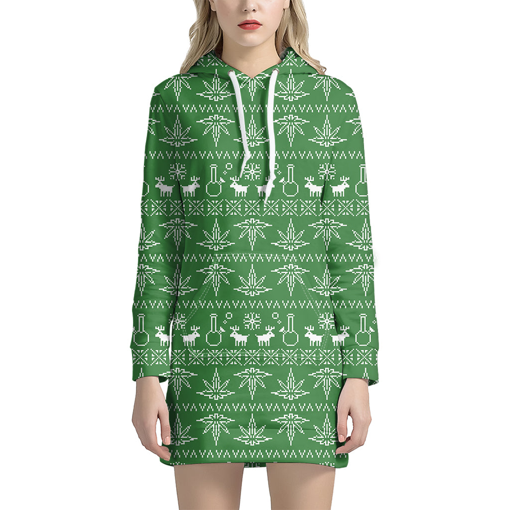 Christmas Pot Leaf Pattern Print Women's Pullover Hoodie Dress