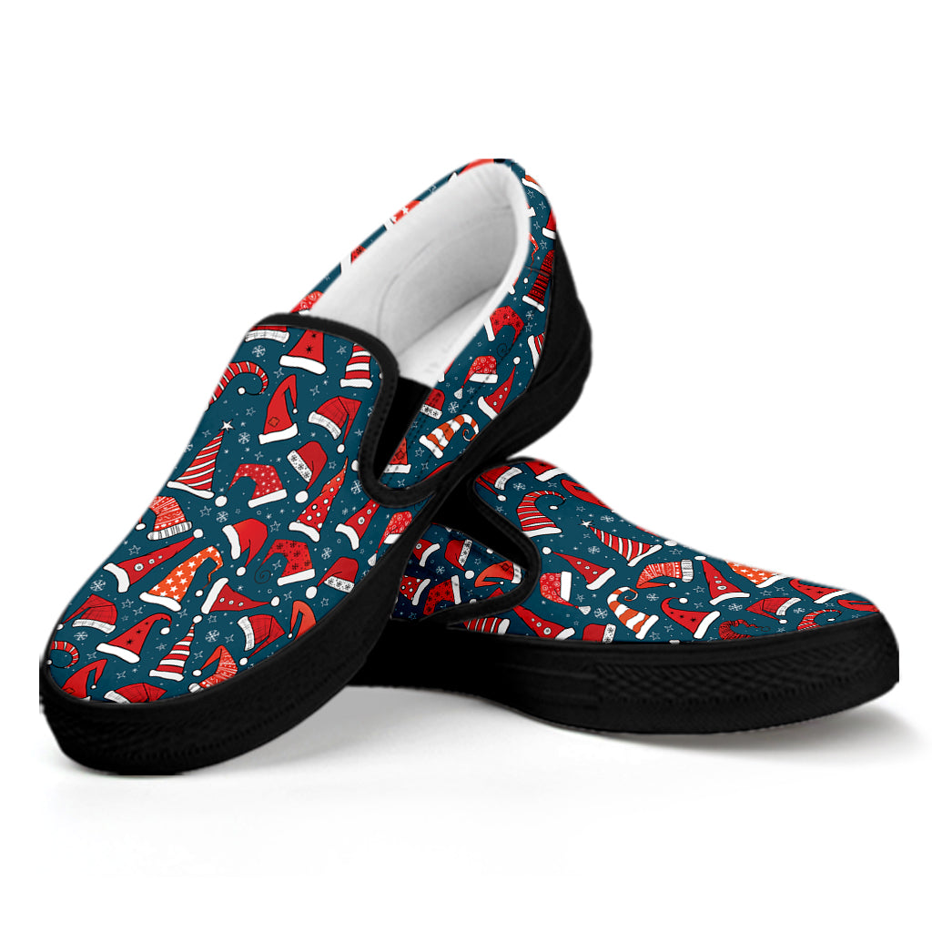 Christmas Santa Hats Pattern Print Black Slip On Shoes