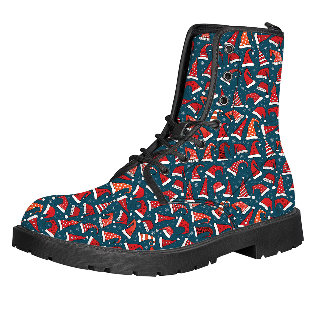 Christmas Santa Hats Pattern Print Leather Boots