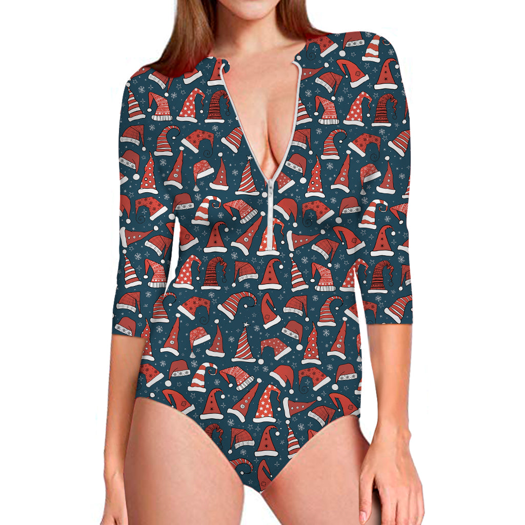 Christmas Santa Hats Pattern Print Long Sleeve One Piece Swimsuit