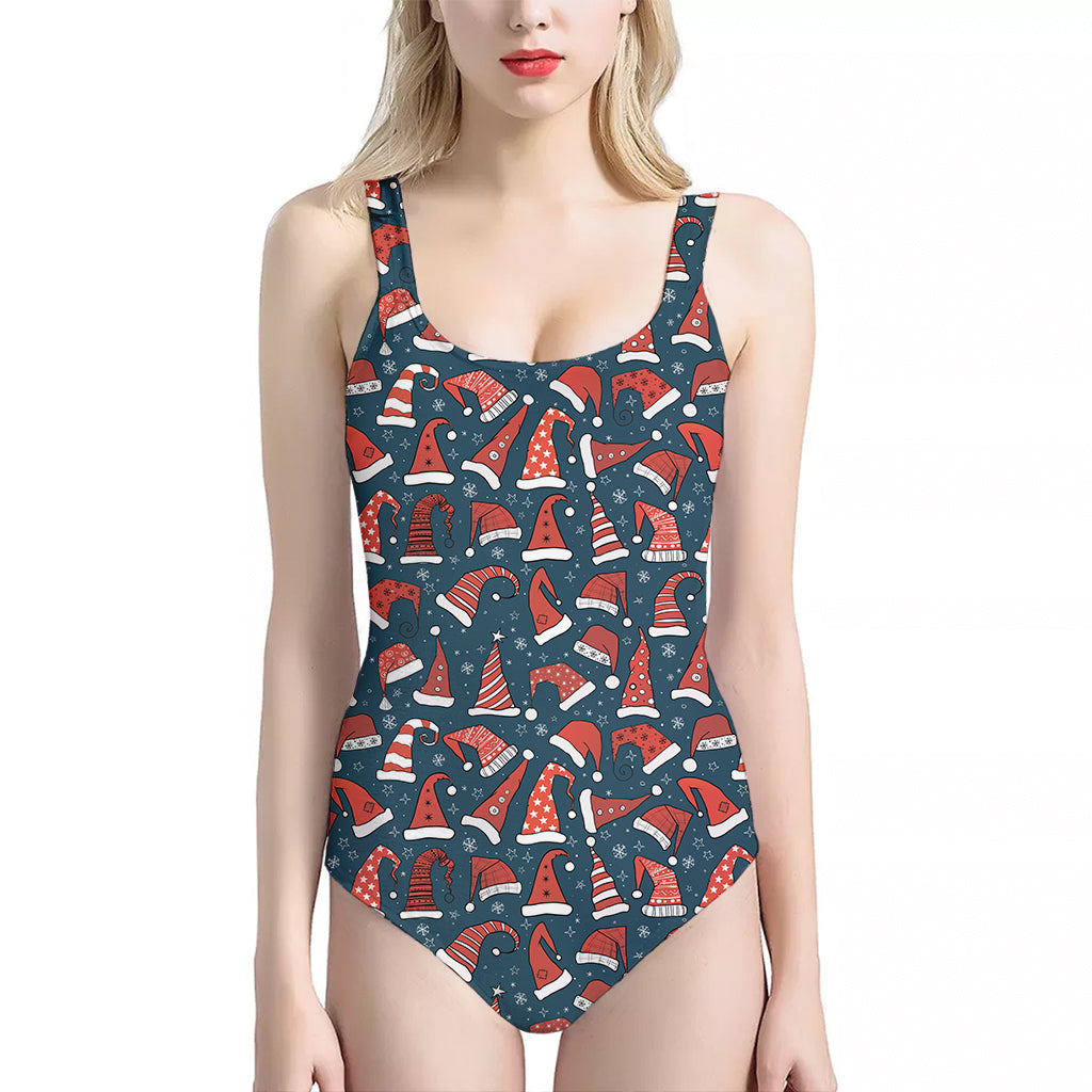 Christmas Santa Hats Pattern Print One Piece Halter Neck Swimsuit