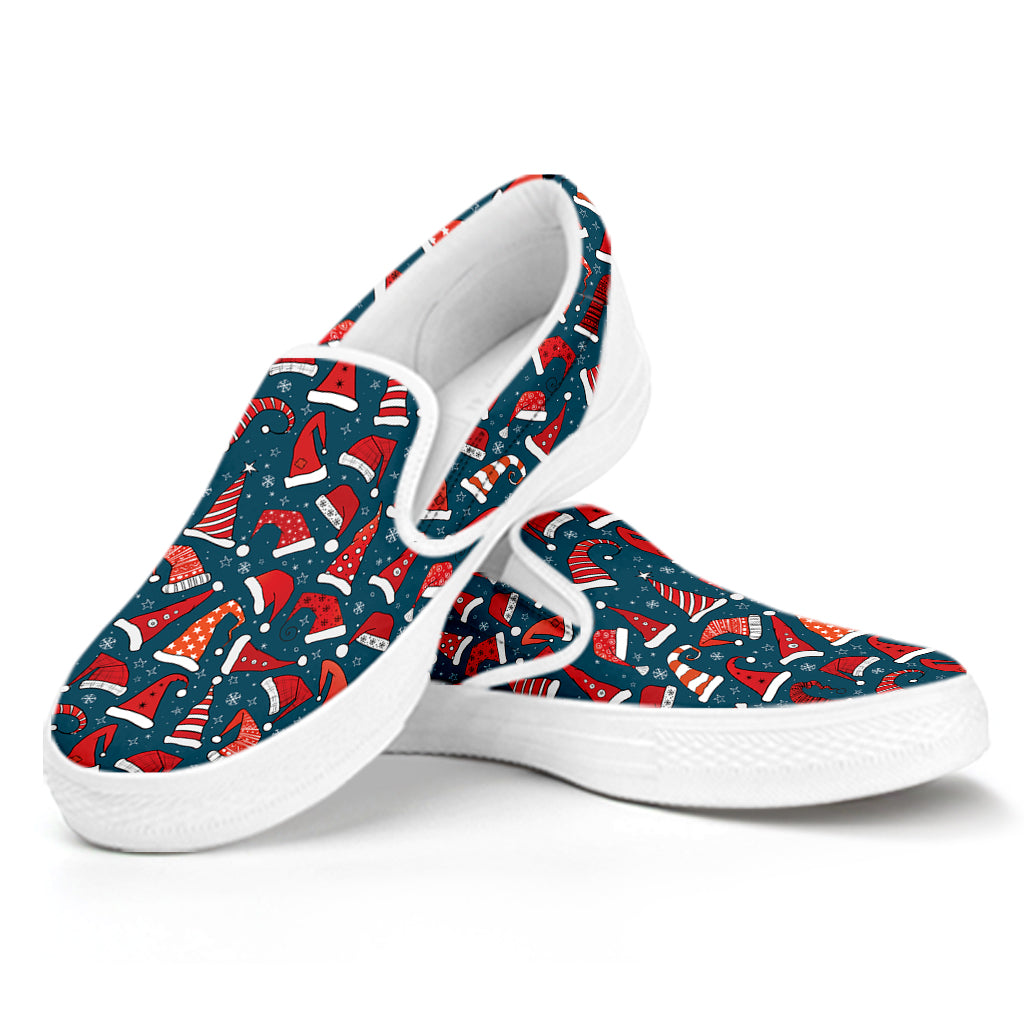 Christmas Santa Hats Pattern Print White Slip On Shoes