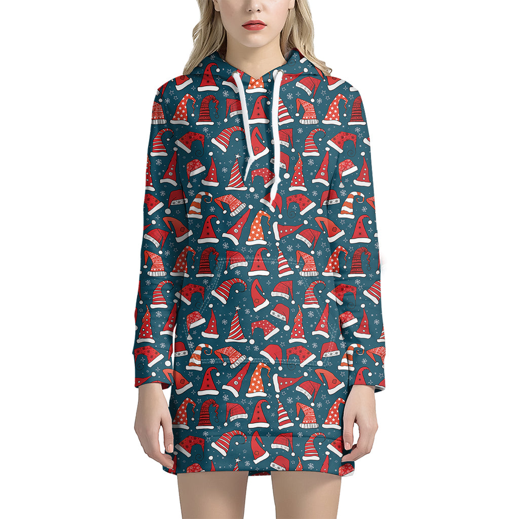 Christmas Santa Hats Pattern Print Women's Pullover Hoodie Dress