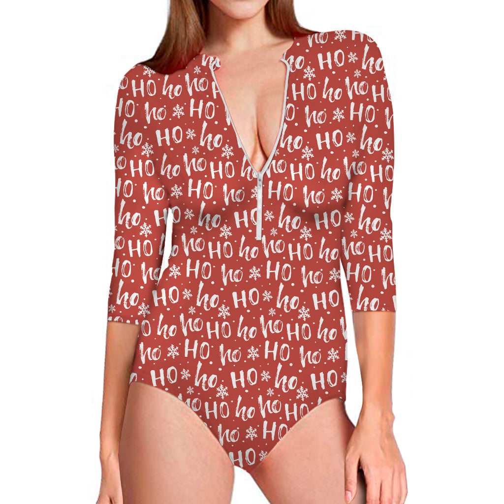 Christmas Santa Laugh Pattern Print Long Sleeve One Piece Swimsuit