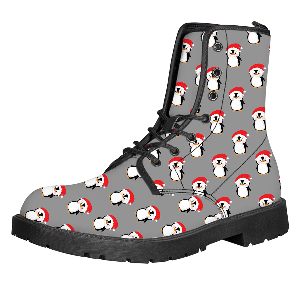 Christmas Santa Penguin Pattern Print Leather Boots