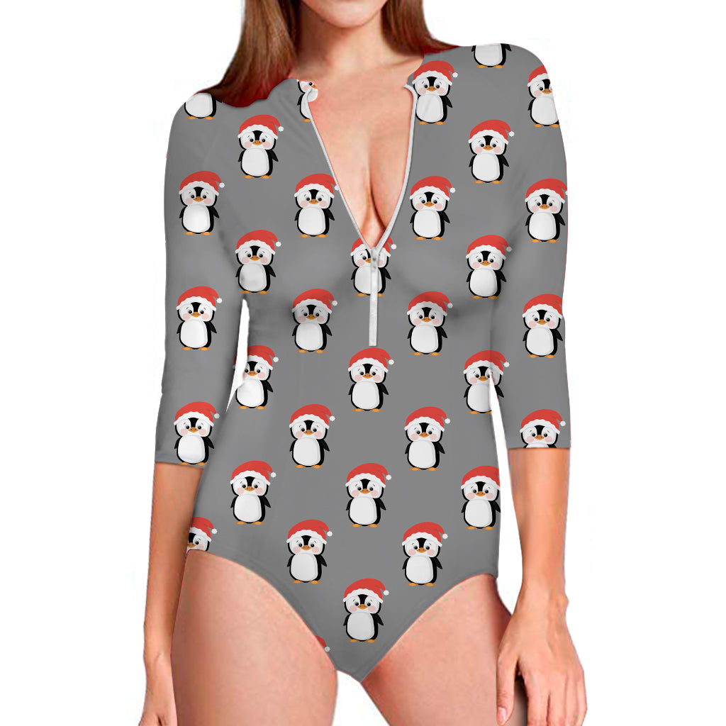 Christmas Santa Penguin Pattern Print Long Sleeve One Piece Swimsuit