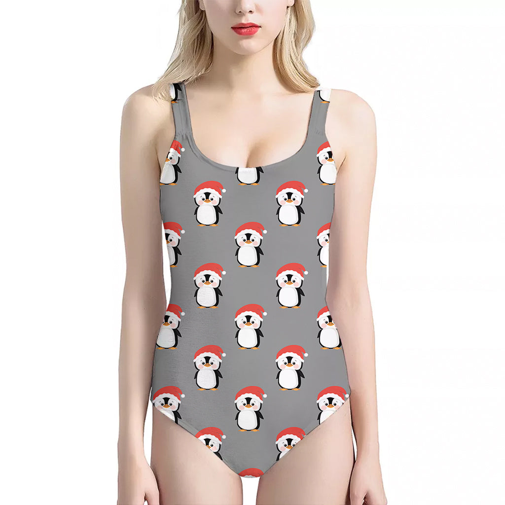 Christmas Santa Penguin Pattern Print One Piece Halter Neck Swimsuit