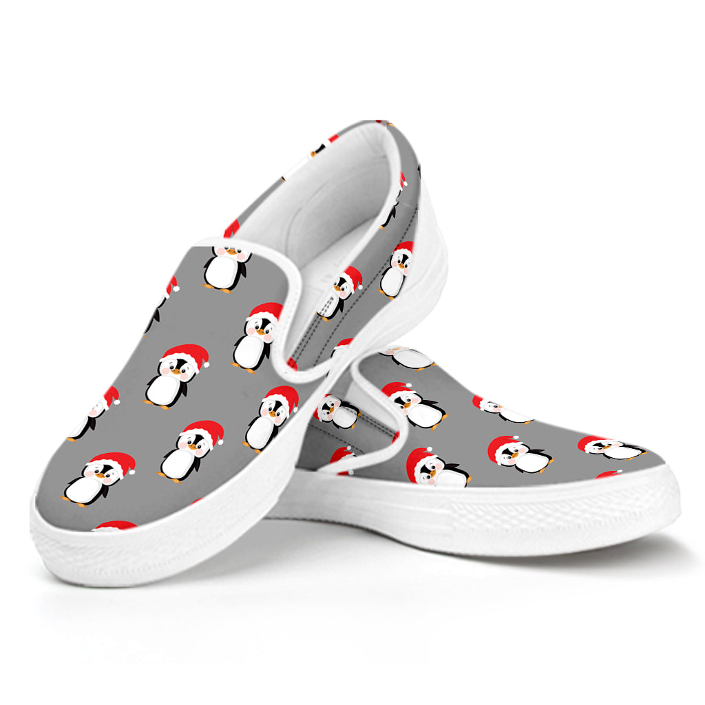 Christmas Santa Penguin Pattern Print White Slip On Shoes