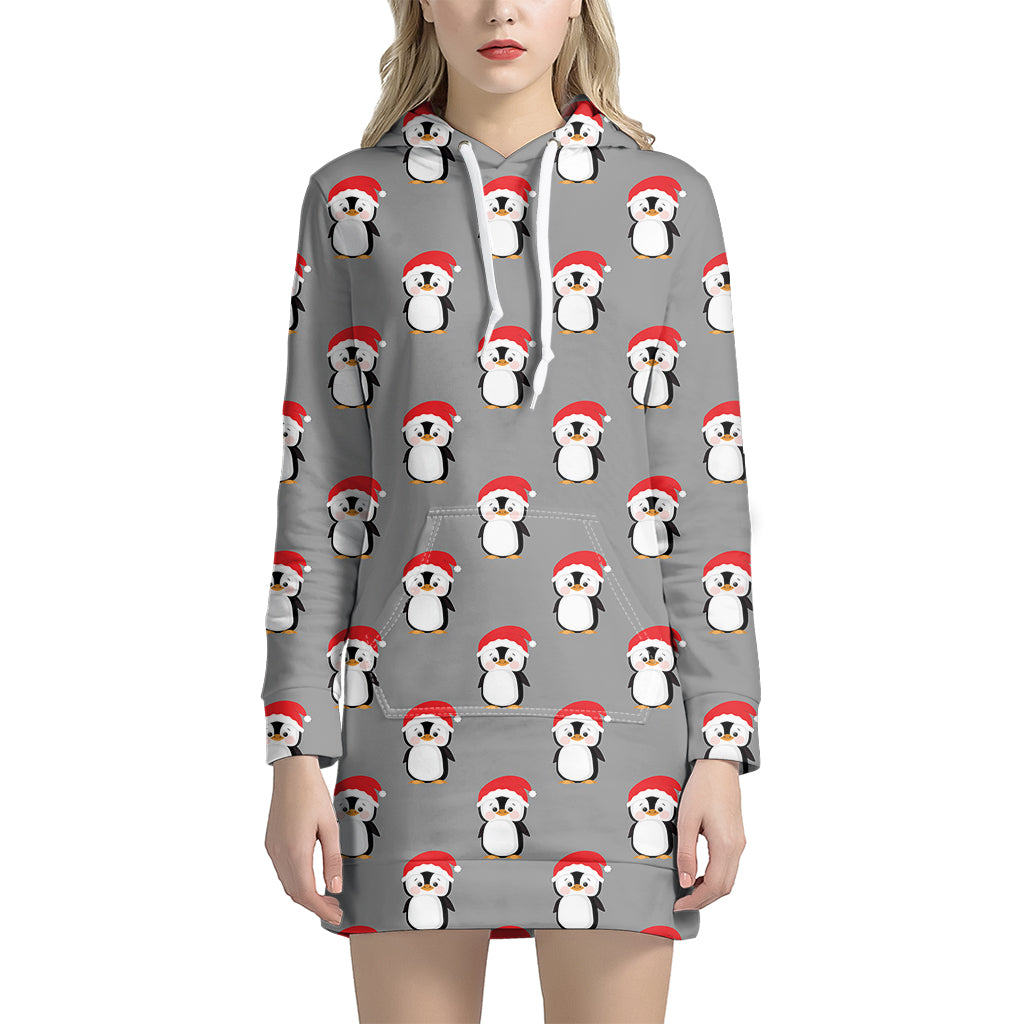 Christmas Santa Penguin Pattern Print Women's Pullover Hoodie Dress