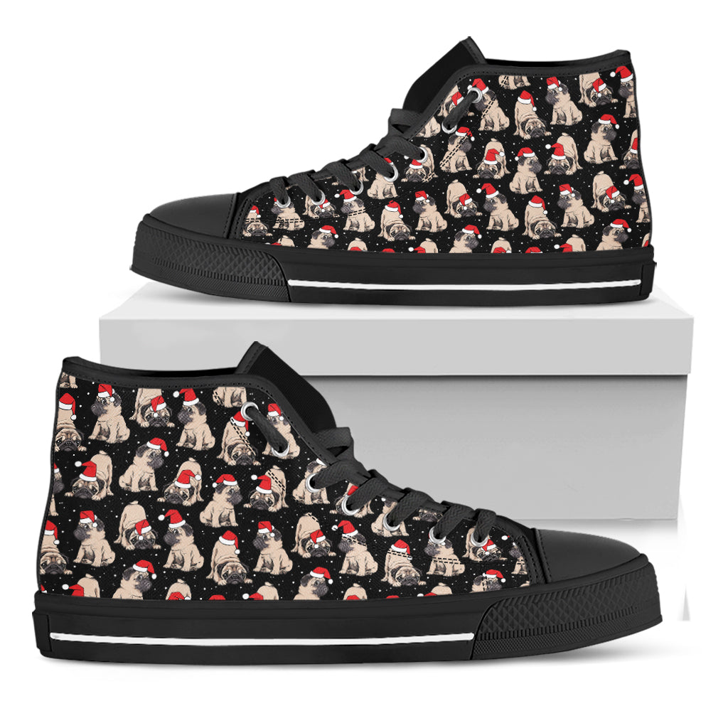 Christmas Santa Pug Pattern Print Black High Top Shoes