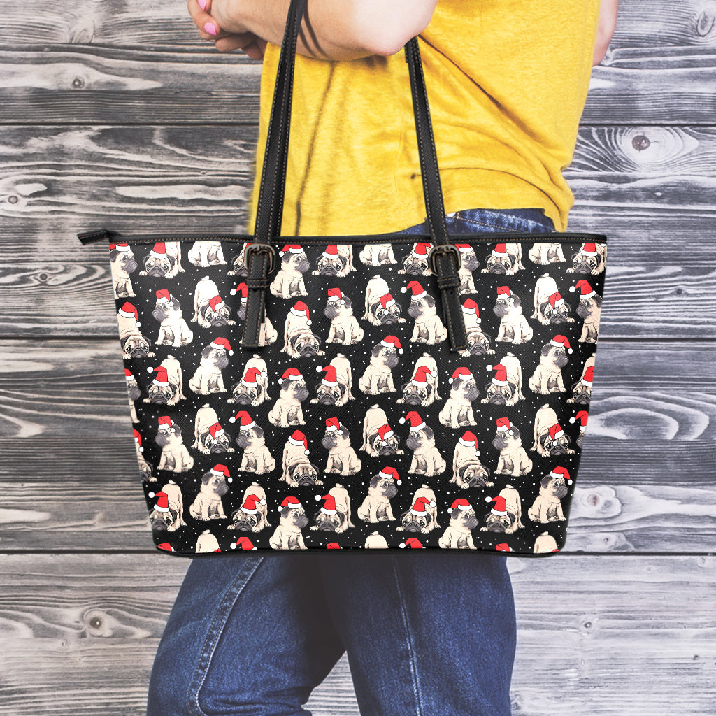 Christmas Santa Pug Pattern Print Leather Tote Bag