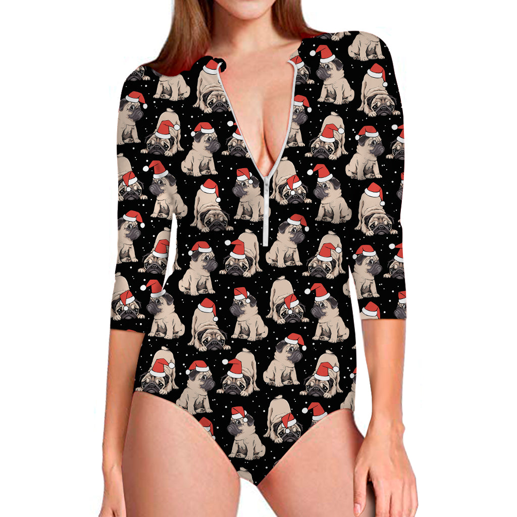 Christmas Santa Pug Pattern Print Long Sleeve One Piece Swimsuit