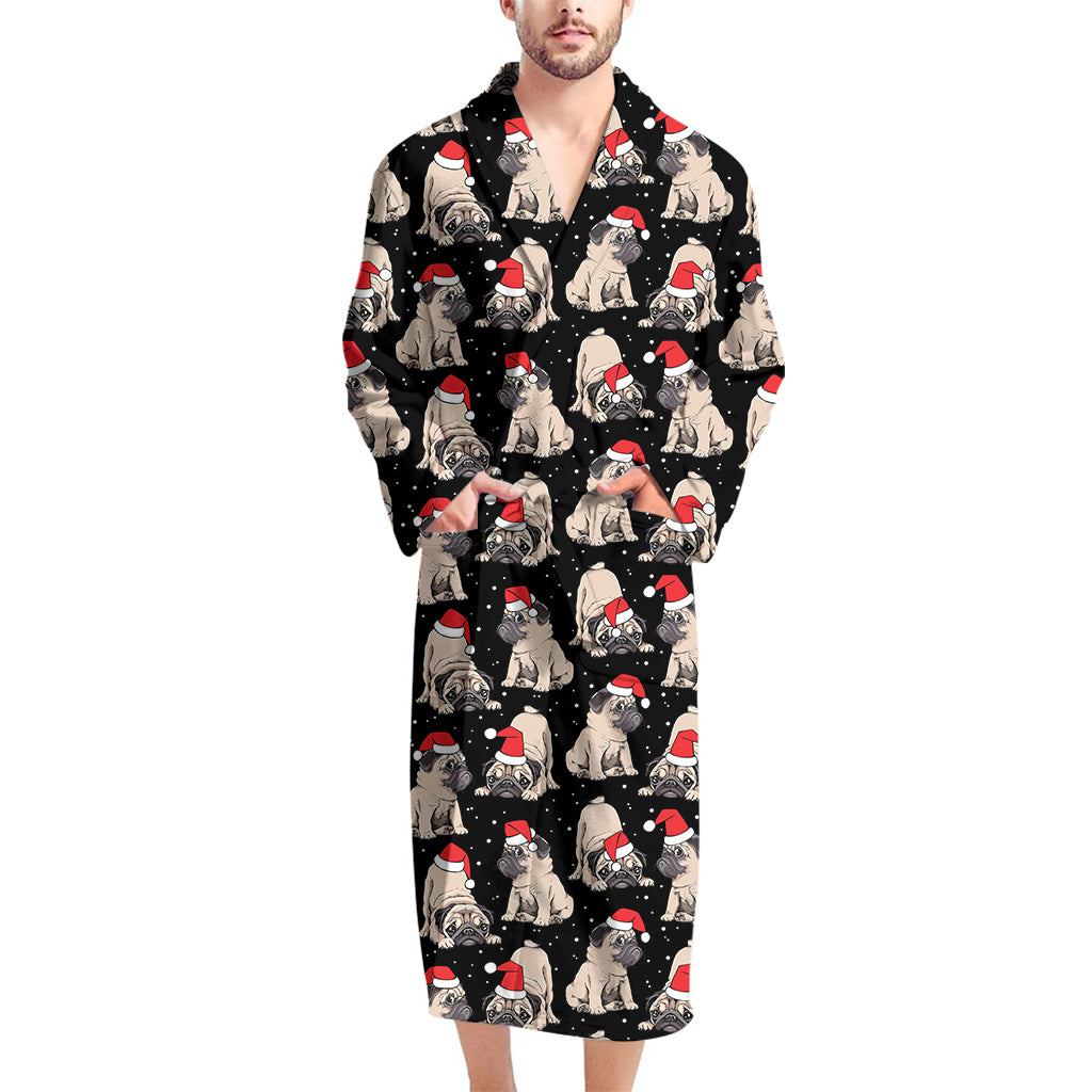 Christmas Santa Pug Pattern Print Men's Bathrobe