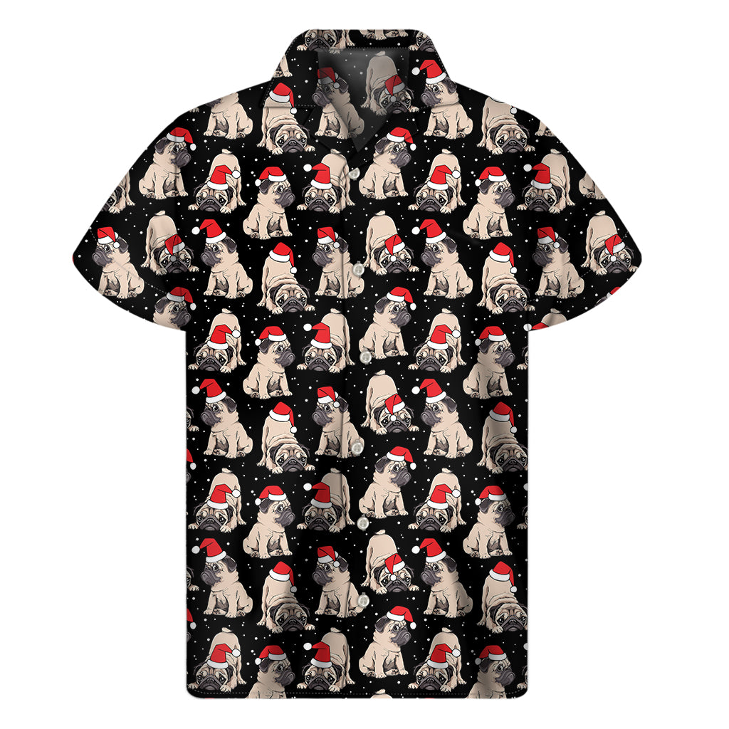 Christmas Santa Pug Pattern Print Men's Short Sleeve Shirt