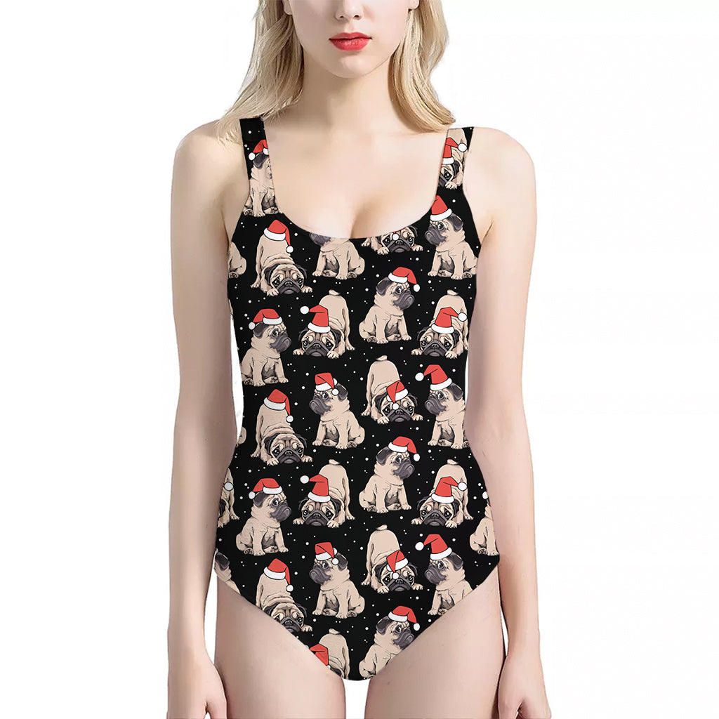 Christmas Santa Pug Pattern Print One Piece Halter Neck Swimsuit