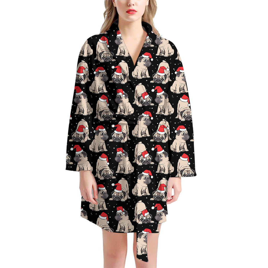 Christmas Santa Pug Pattern Print Women's Bathrobe