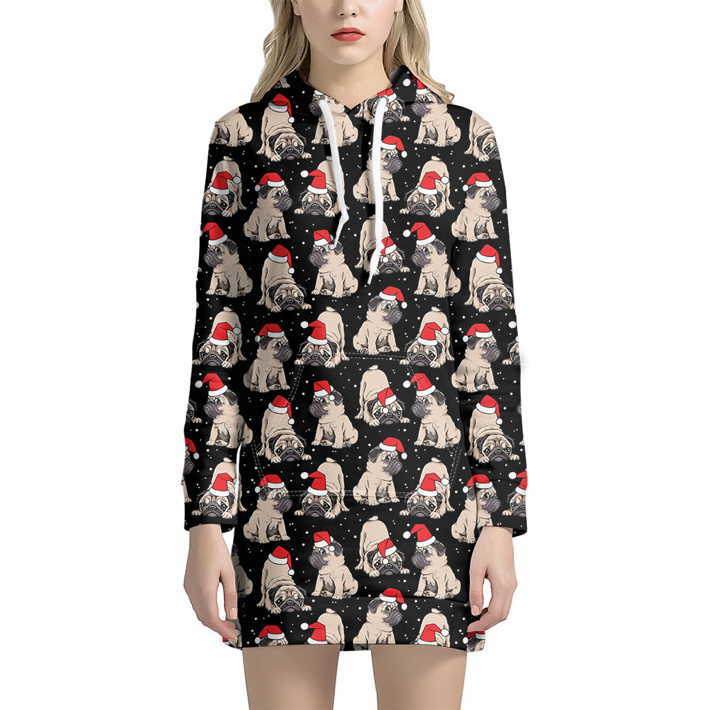 Christmas Santa Pug Pattern Print Women's Pullover Hoodie Dress