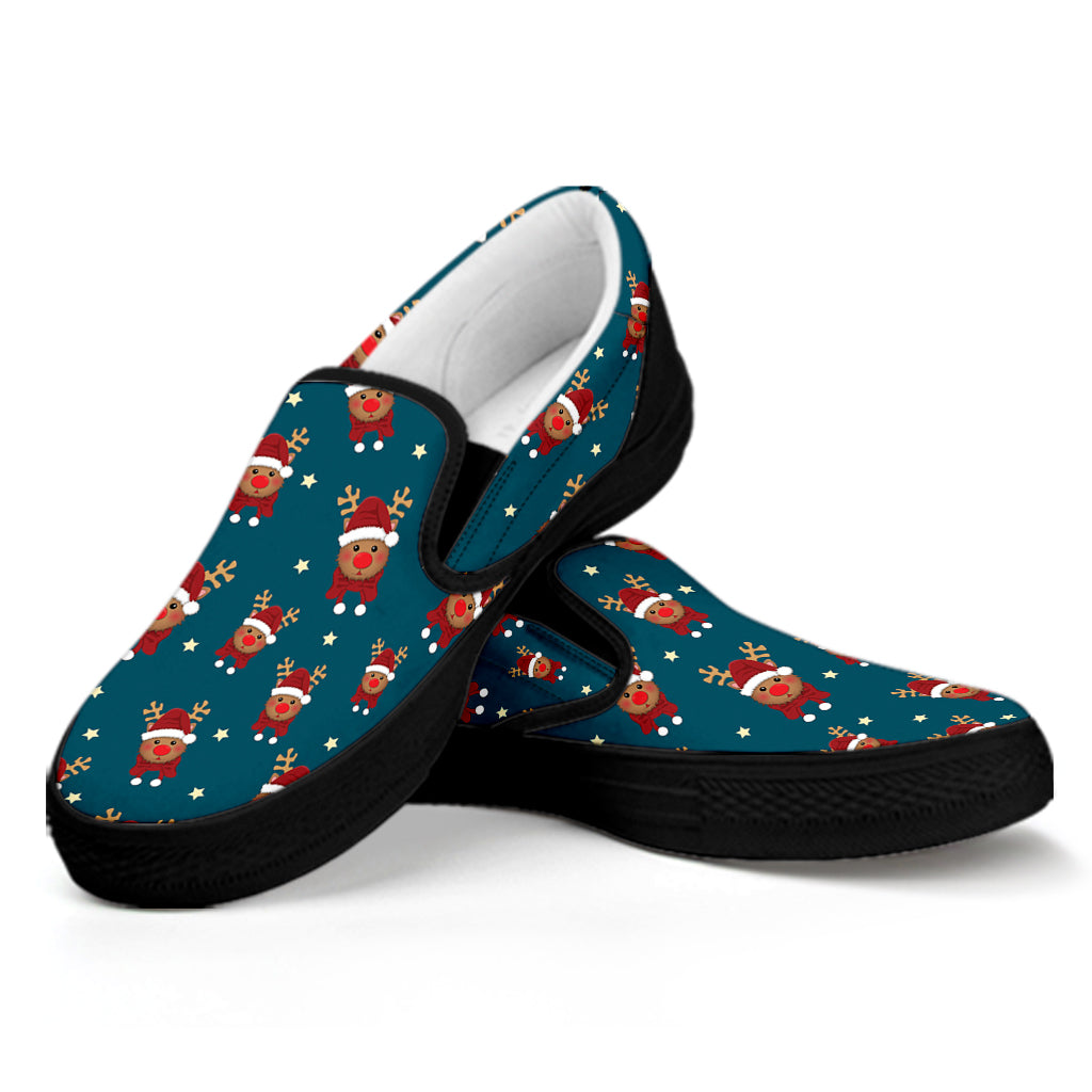 Christmas Santa Reindeer Pattern Print Black Slip On Shoes