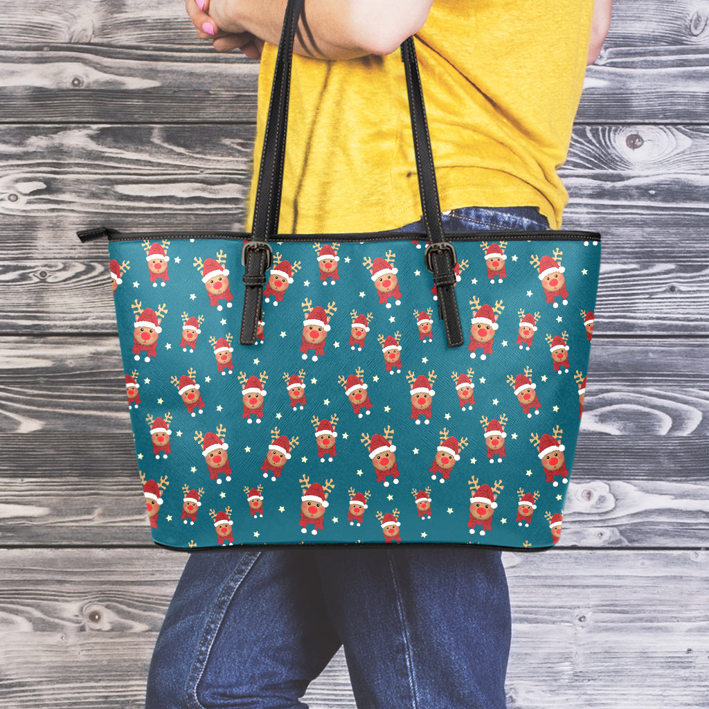 Christmas Santa Reindeer Pattern Print Leather Tote Bag