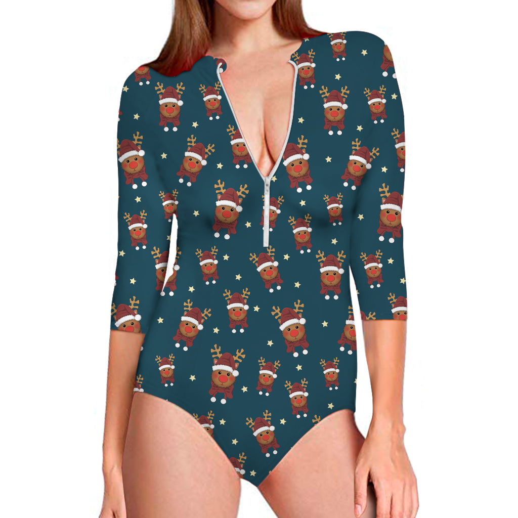 Christmas Santa Reindeer Pattern Print Long Sleeve One Piece Swimsuit