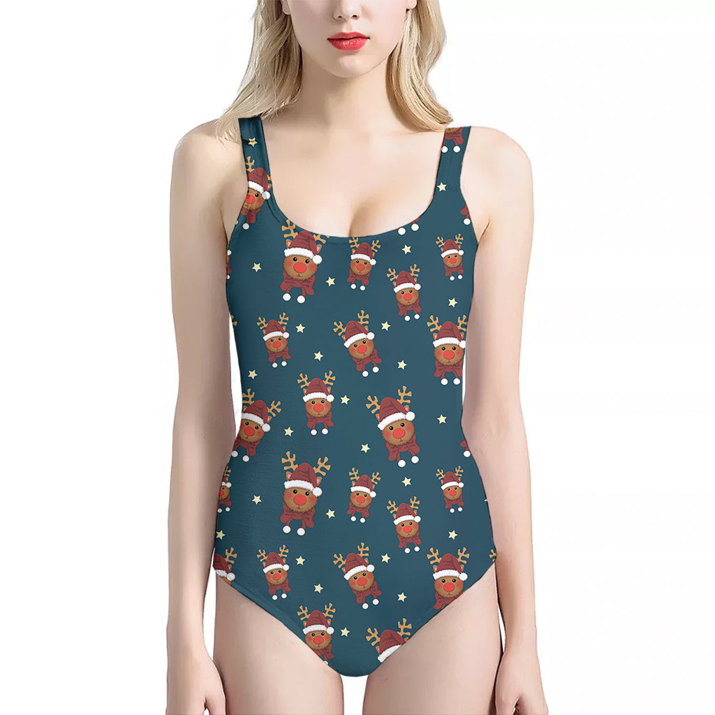 Christmas Santa Reindeer Pattern Print One Piece Halter Neck Swimsuit