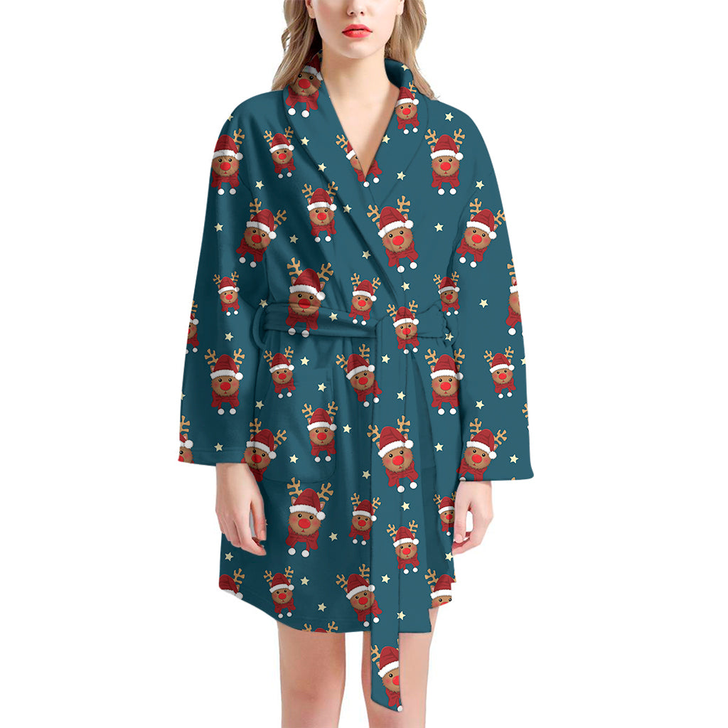 Christmas Santa Reindeer Pattern Print Women's Bathrobe