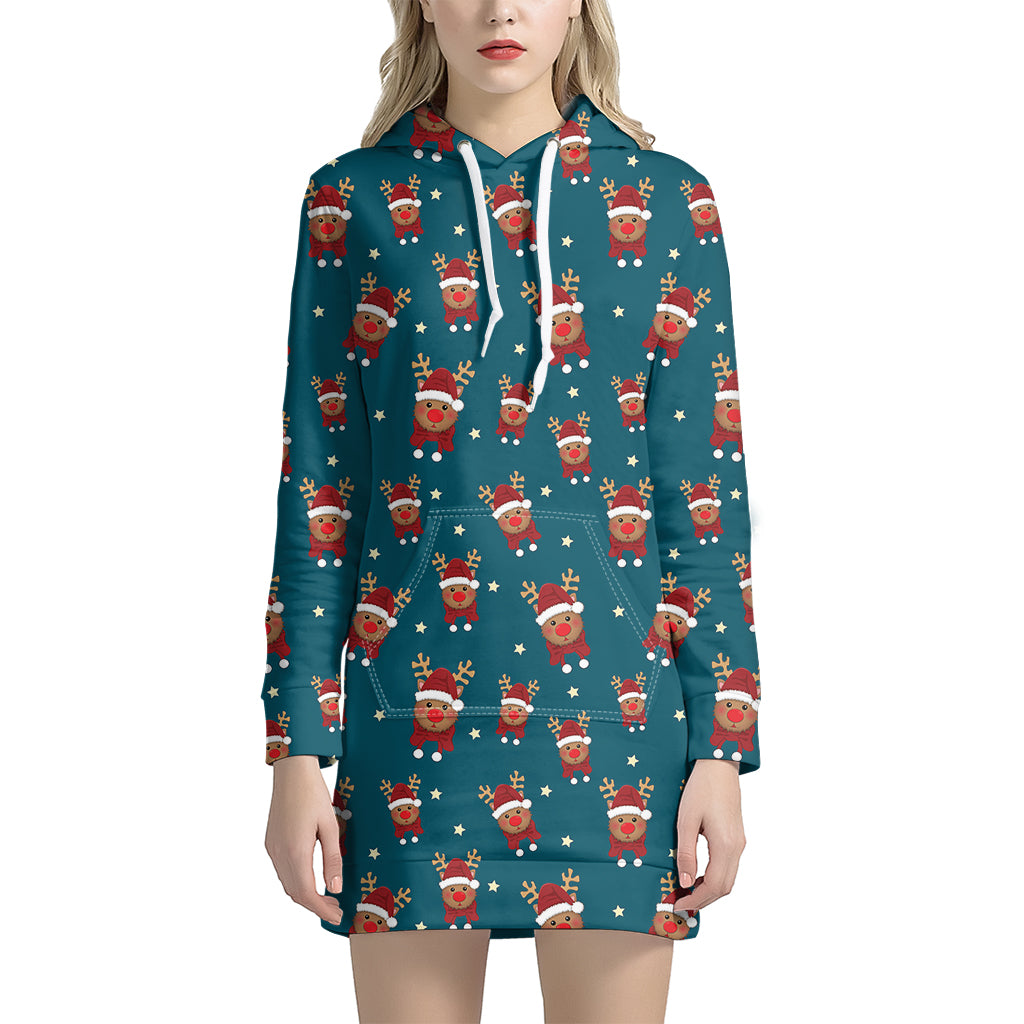 Christmas Santa Reindeer Pattern Print Women's Pullover Hoodie Dress