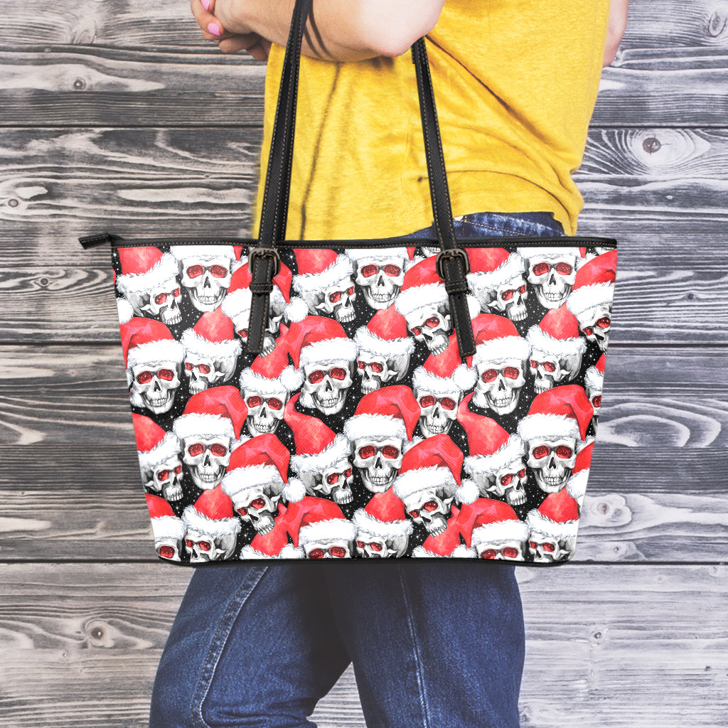 Christmas Santa Skull Pattern Print Leather Tote Bag