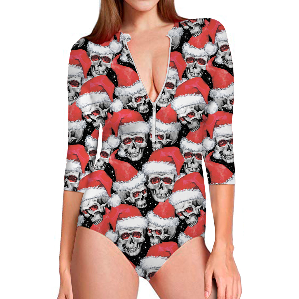 Christmas Santa Skull Pattern Print Long Sleeve One Piece Swimsuit